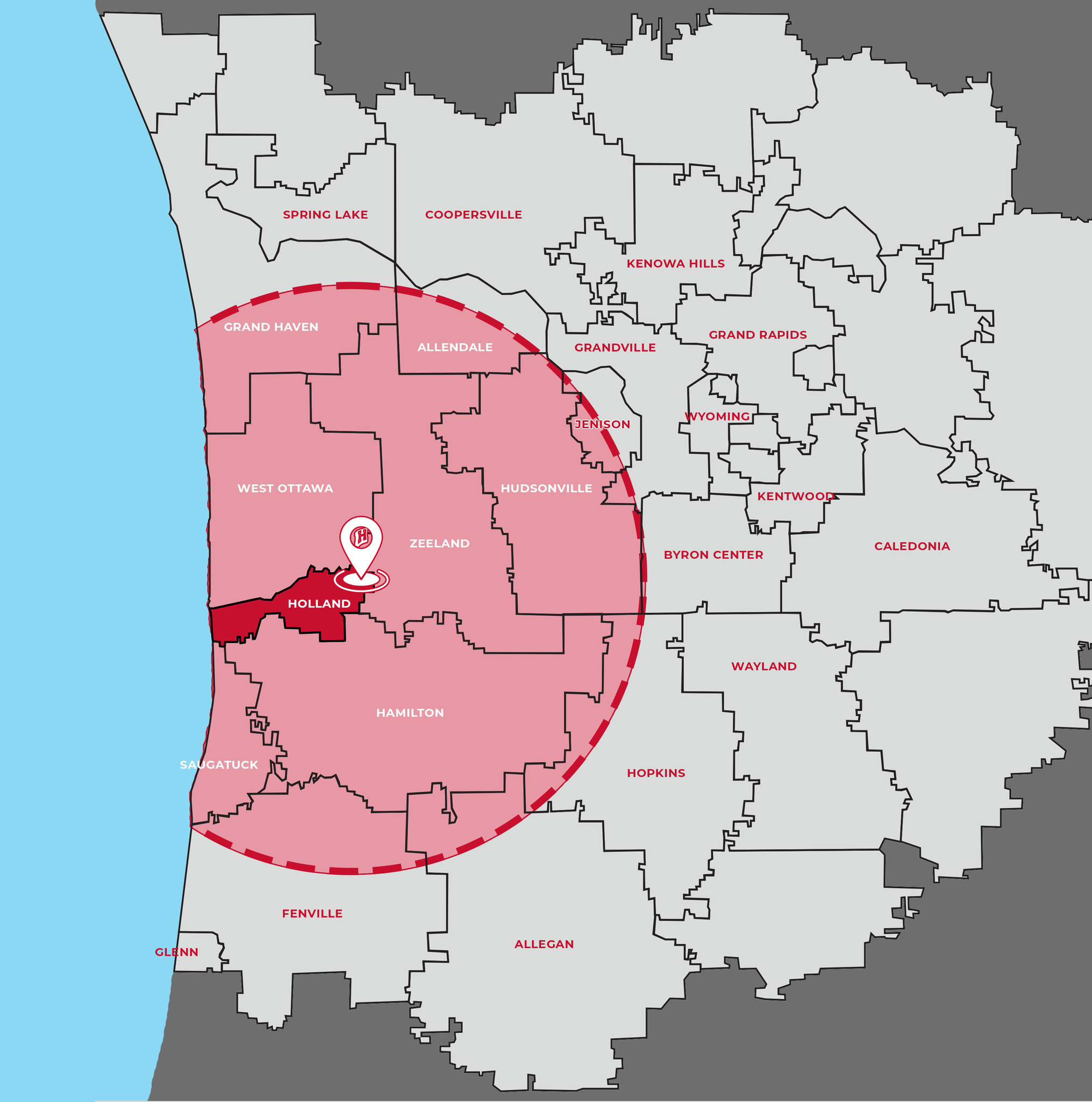 Map of W mi with 15 mile radius from HPS district boundary